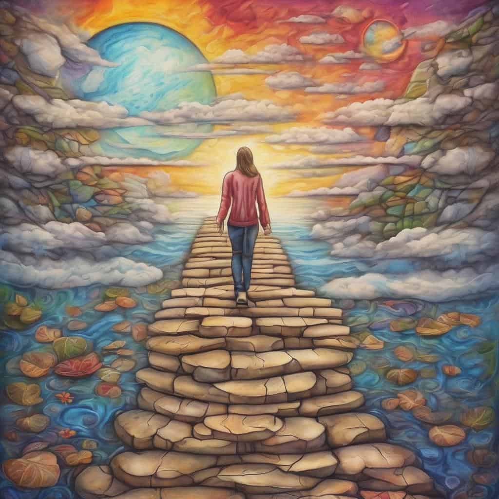 Έγχρωμο διάσημο mural με γυναίκα που περπατάει σε πέτρινο μονοπάτι προς το φως και τον ουρανό.