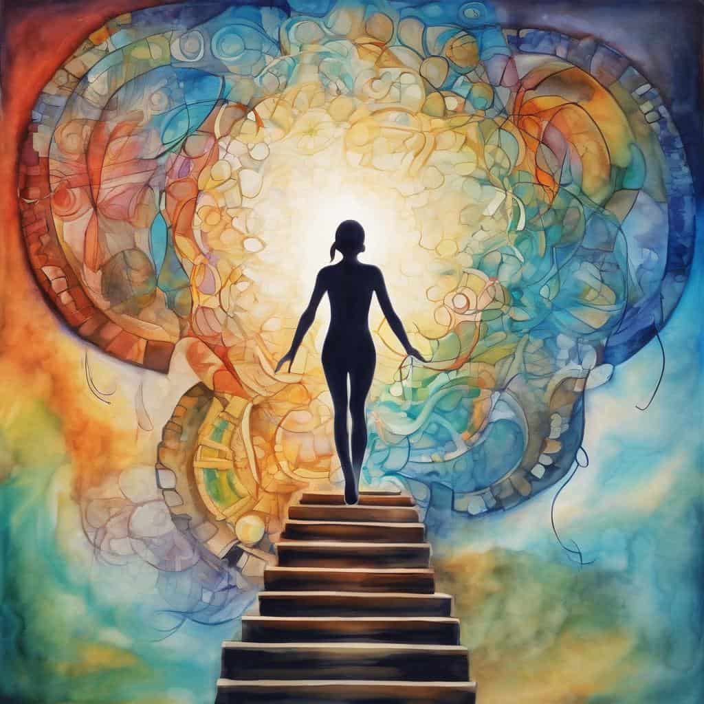 Συνειδητότητα και ελευθερία, γυναικεία μορφή ανεβαίνει σκαλοπάτια σε φως και πολύχρωμο φόντο.