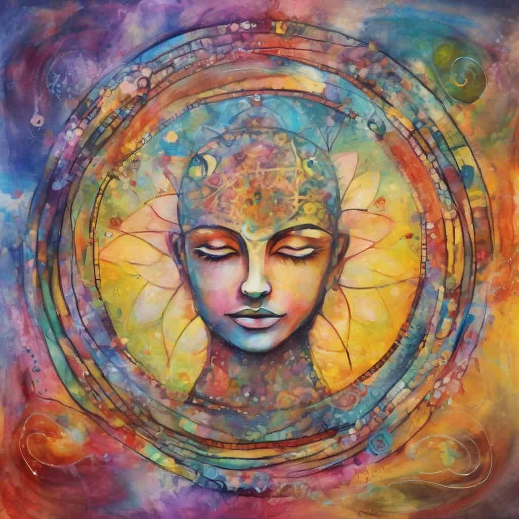 Γυναίκα με κλειστά μάτια μέσα σε πολύχρωμα αφηρημένα φόντο και κύκλους, θεραπεία και εσωτερική ηρεμία, πνευματική αφύπνιση, αισθητική τέχνης, διαλογισμός.