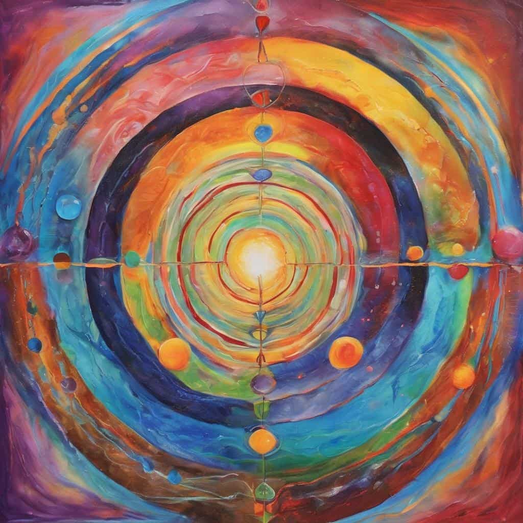 Πίνακας αφηρημένης τέχνης με ενέργεια, φωτεινά χρώματα και συμβολισμούς ενδιαφέροντος.