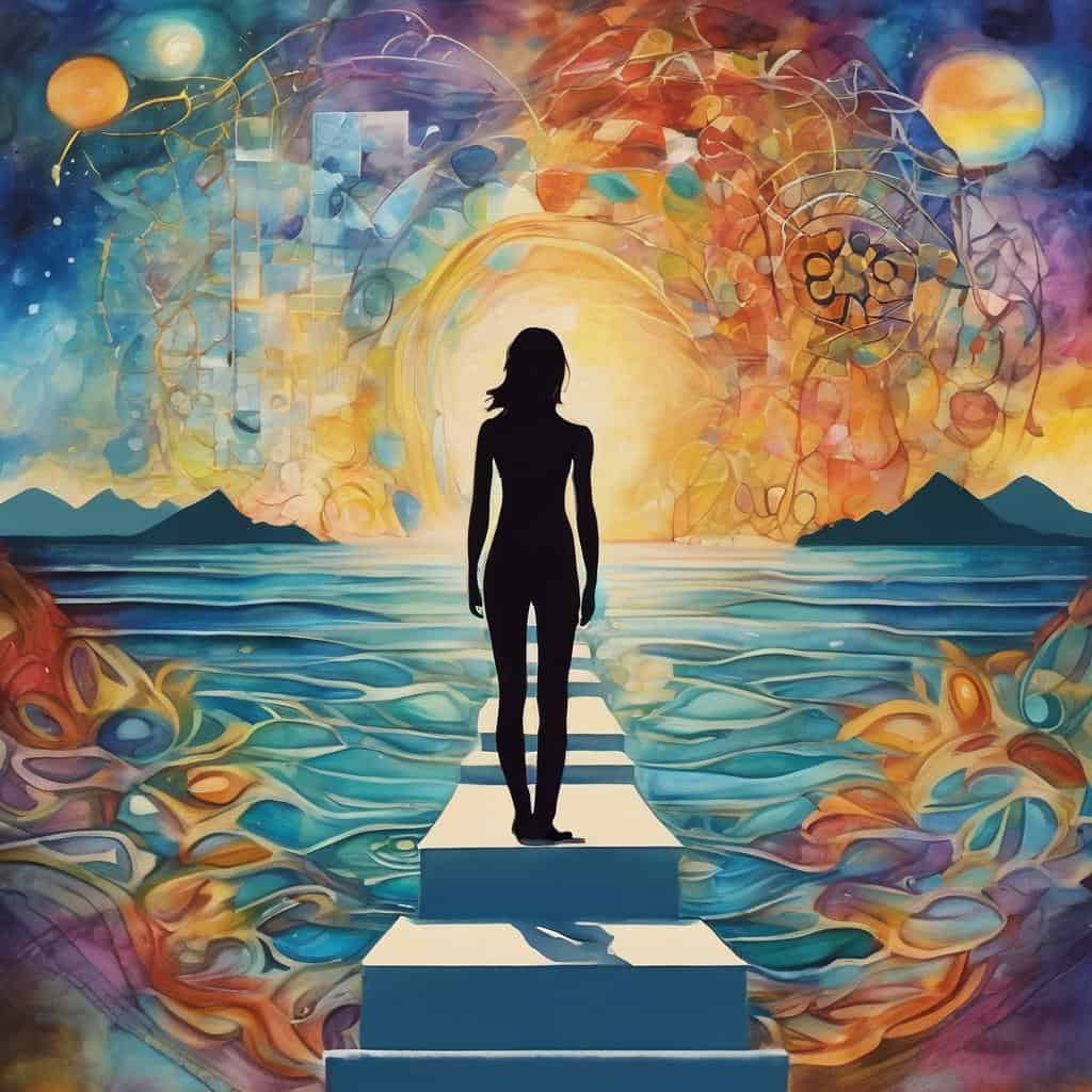 Αντίθετο κείμενο: Γυναίκα περπατάει σε βήματα προς το φως σε θαλασσινό τοπίο, στον δρόμο της ελευθερίας.