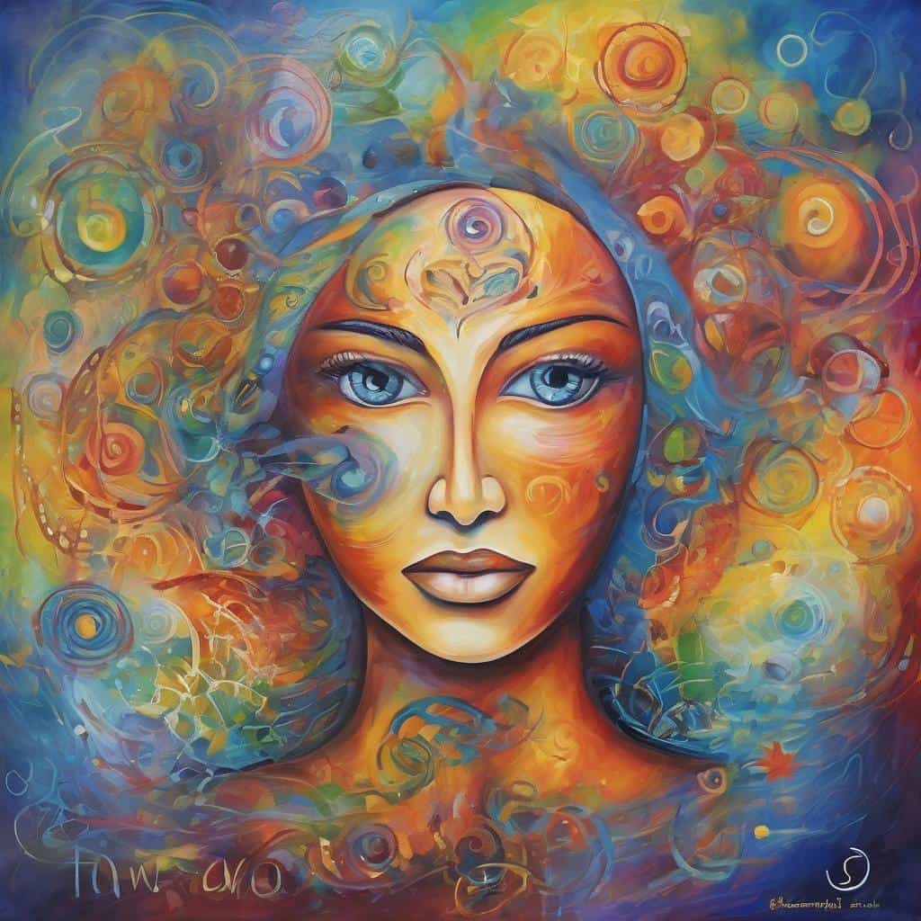 Πορτρέτο γυναίκας με έντονες μπλε μάτια και πολύχρωμο αφηρημένο φόντο, σύμβολο ελευθερίας και γνώσης.